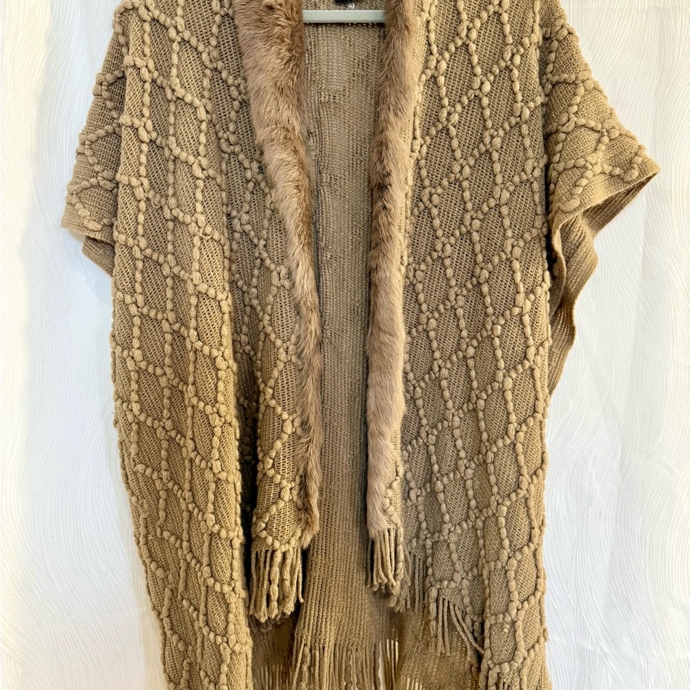 Love Token Rabbit Fur Trim Knit Cardigan Vest O/S Camel Fringe Boho Luxe